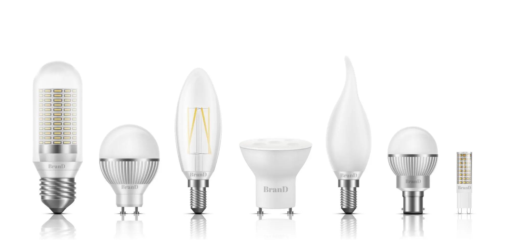 Different shapes, sizes, bases, and filament types led bulbs 3d realistic set isolated on white.