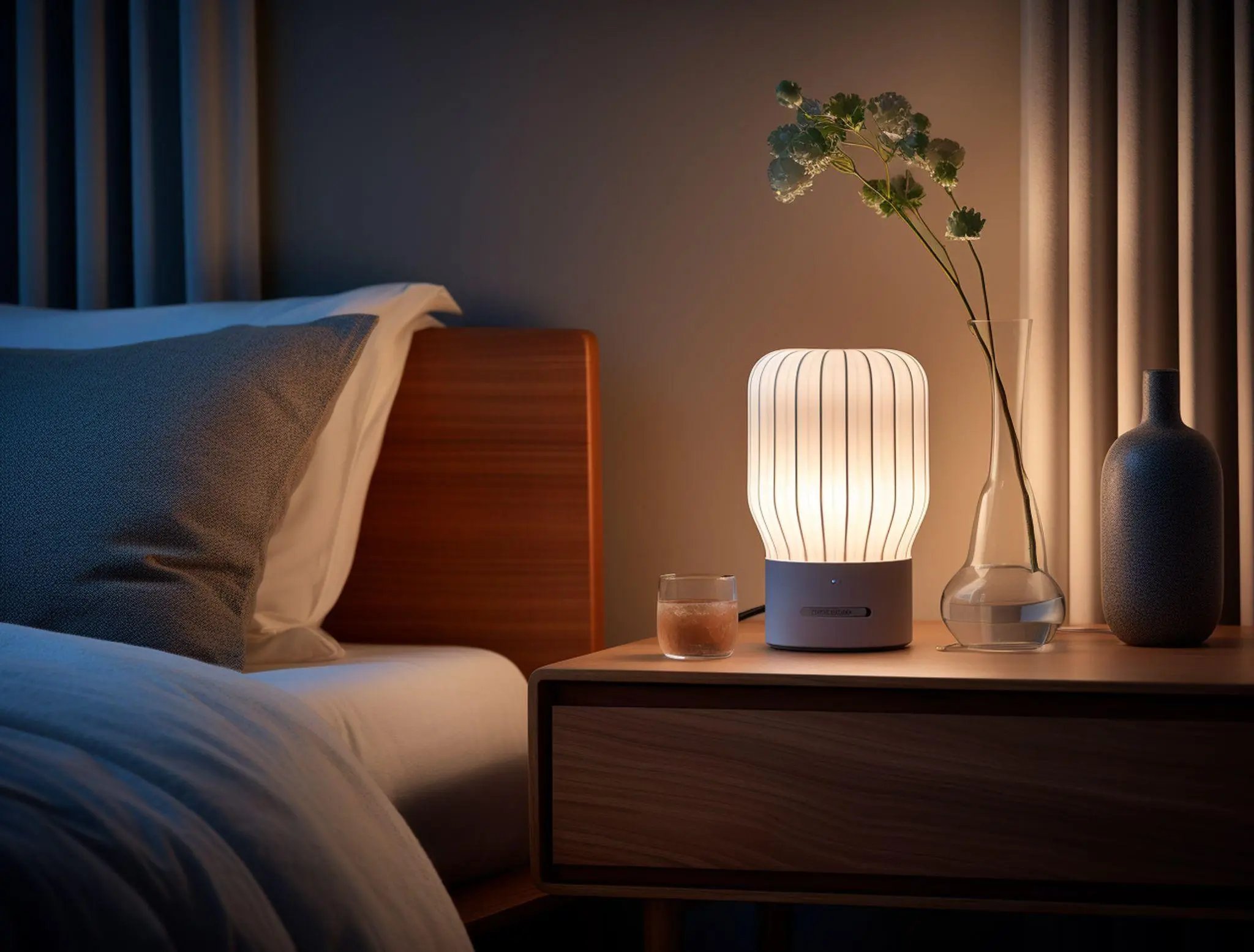 A close-up picture of a lamp on a nightstand