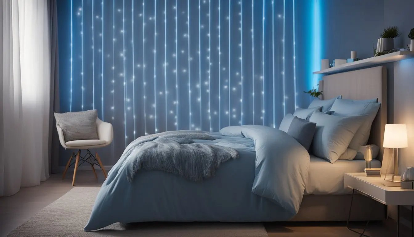 A comfortable bed with white lights around it