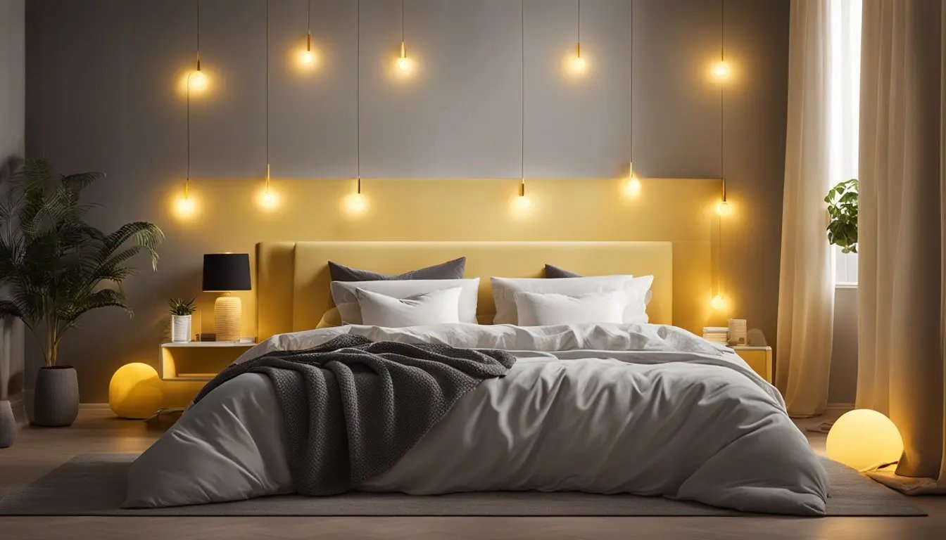 A comfortable bed with a warm yellow light around it