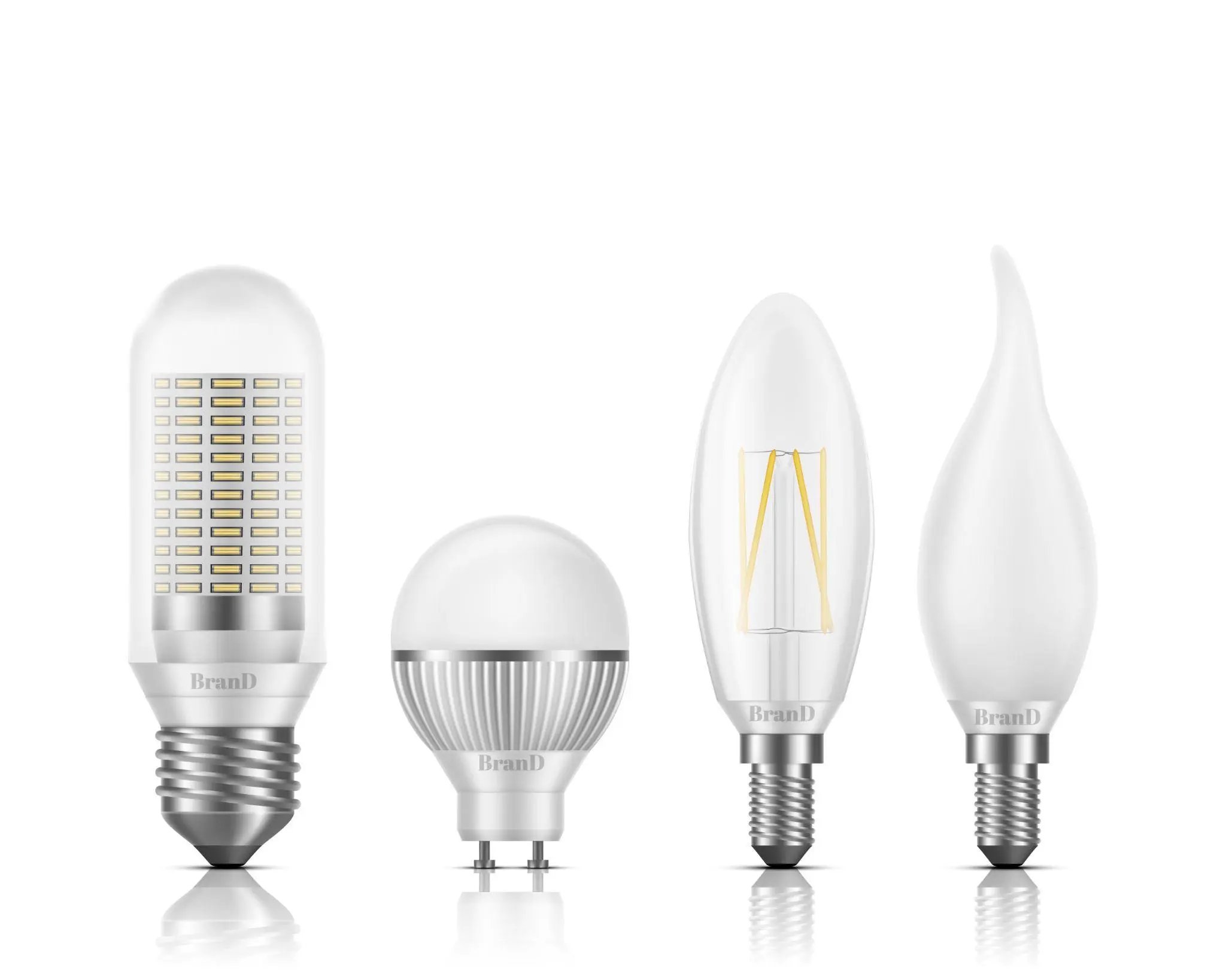 Flame, globe, tubular, candle shapes light led bulbs with different types
