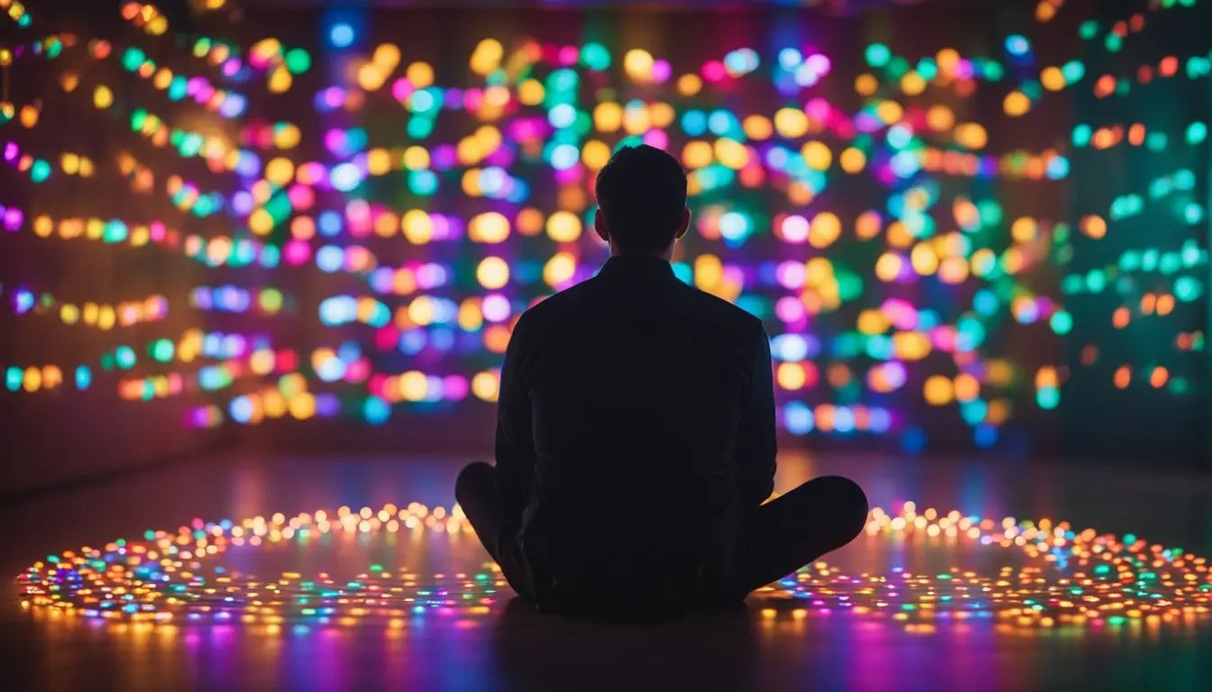 A picture of a man with his back to the camera, sitting in front of many different colored lights