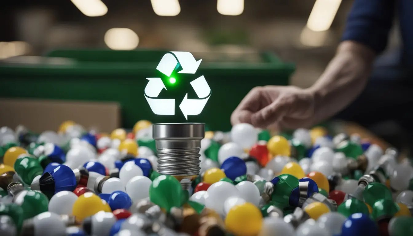 A photo of a bunch of LED bulbs with a recyclable sign on it